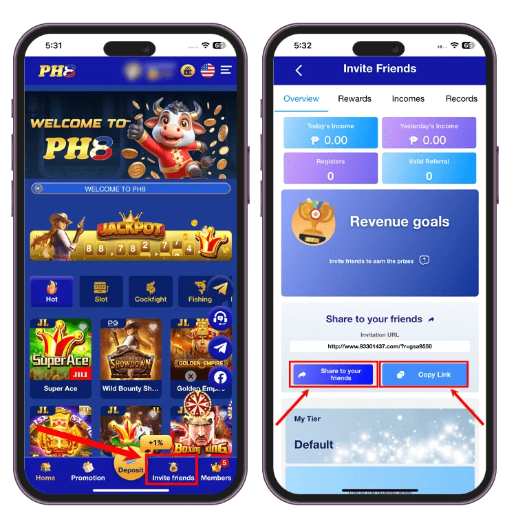 PH8 invite friends sharing guide