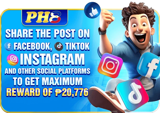 PH8 social share rewards by follower count — up to ₱18,888 for 3-day shares