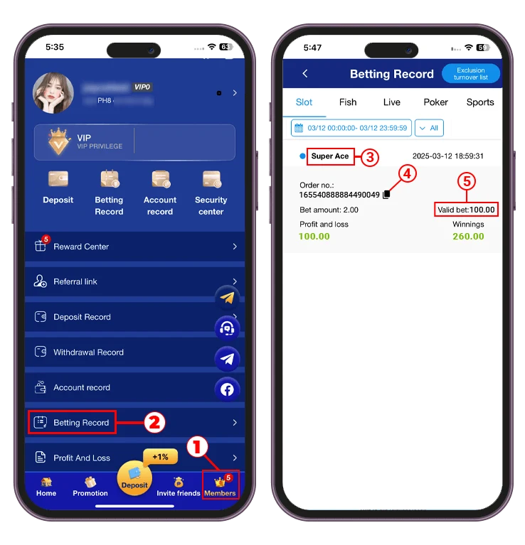 How to find Super Ace order number in PH8 Betting Record