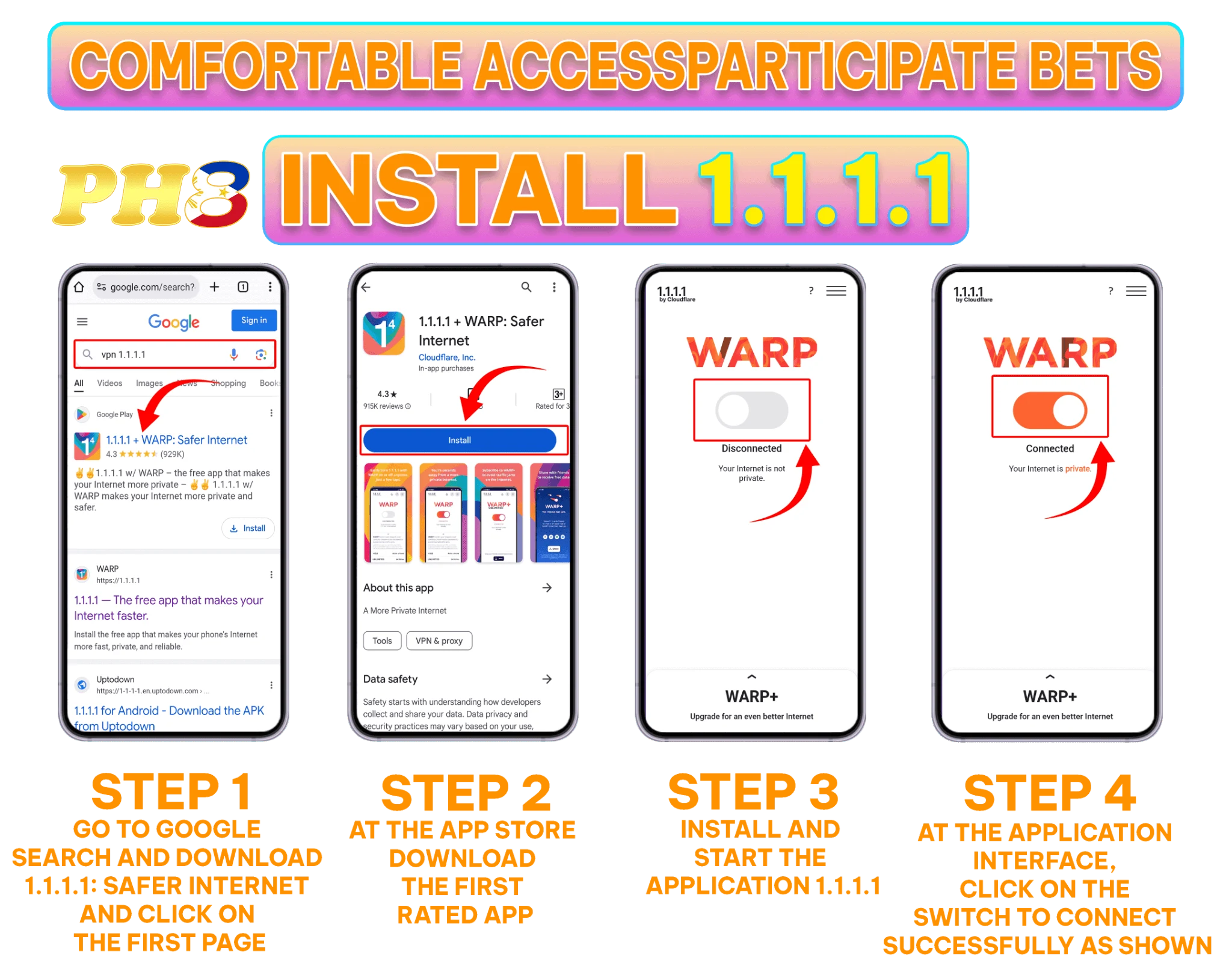 WARP 1.1.1.1 app install guide for PH8 access